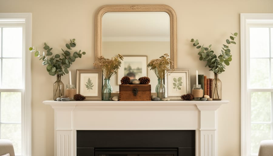 Overhead view of DIY mantel decorating materials including branches, frames, candles, and plants