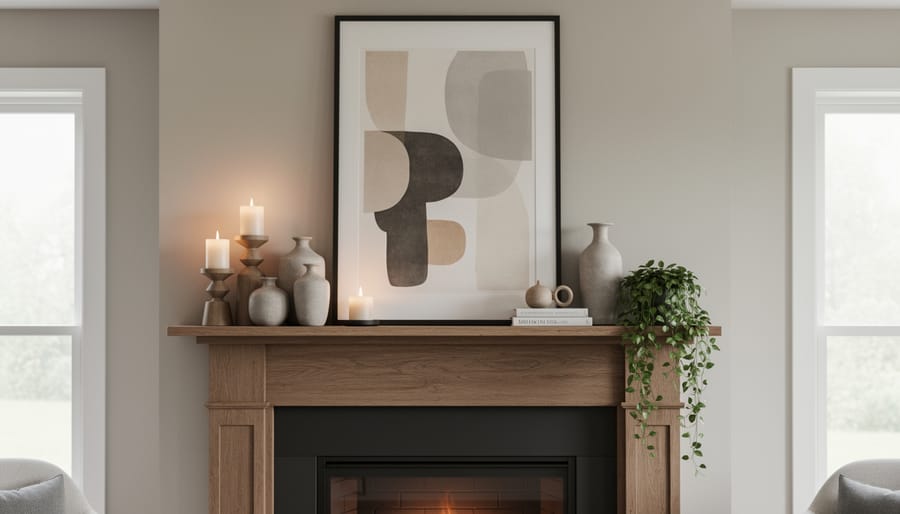 Beautifully decorated fireplace mantel with layered arrangement of mirror, candles, plants and decorative objects