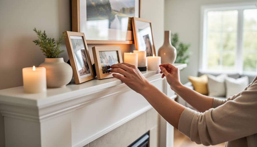 Close-up of hands styling fireplace mantel with vintage books, candlestick and greenery
