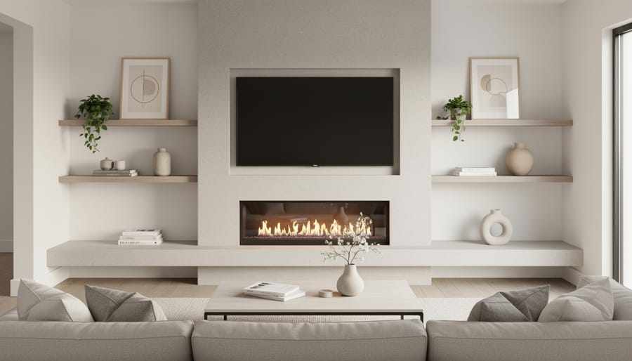 Modern fireplace mantel decorated around mounted television with minimalist flanking decor