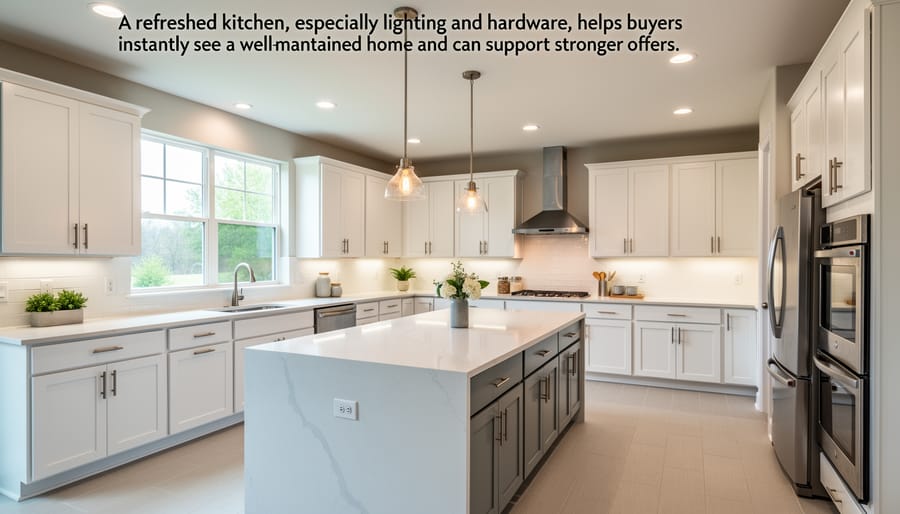Bright refreshed kitchen with clean surfaces and updated lighting