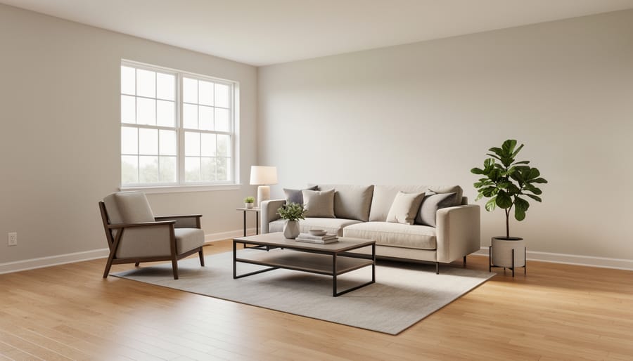 Bright staged living room with neutral décor and natural light