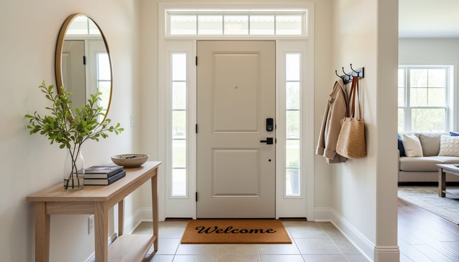 Upgraded entryway with fresh paint, updated door hardware, and a clean doormat